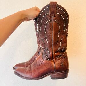 Frye Brown Heeled Boots with Studded Design